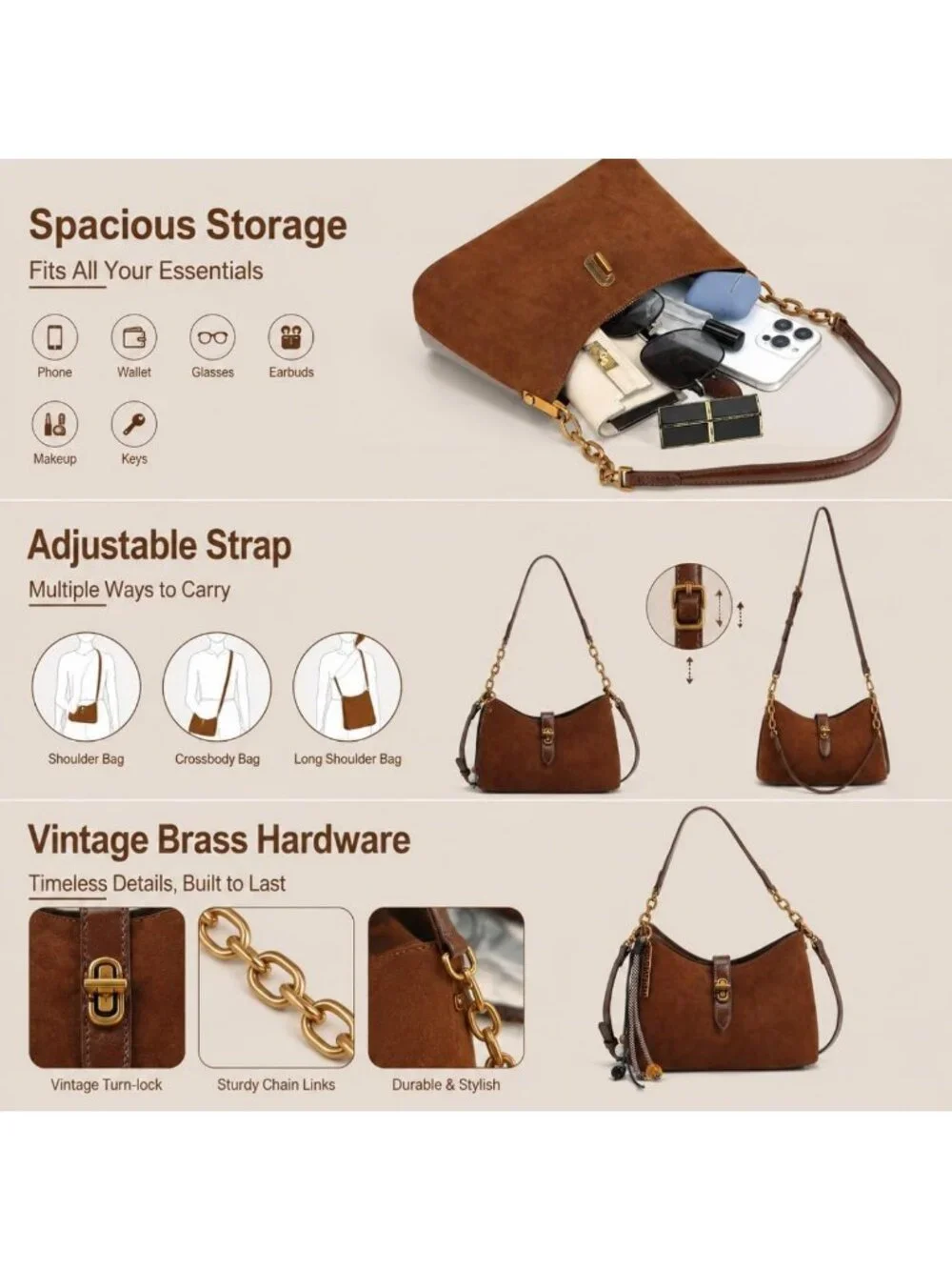 Lightweight Suede Crescent Shoulder Bag, Hobo Purse with Chain & Adjustable